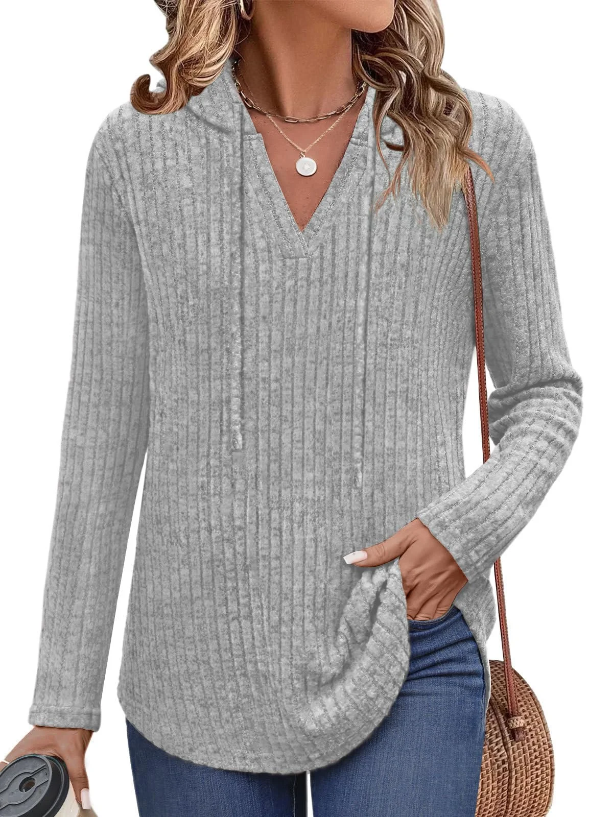 Lylinan Womens Long Sleeve Knit Hoodies V Neck Pullover Tops Ribbed Sweaters Fall Fashion Clothes S Review