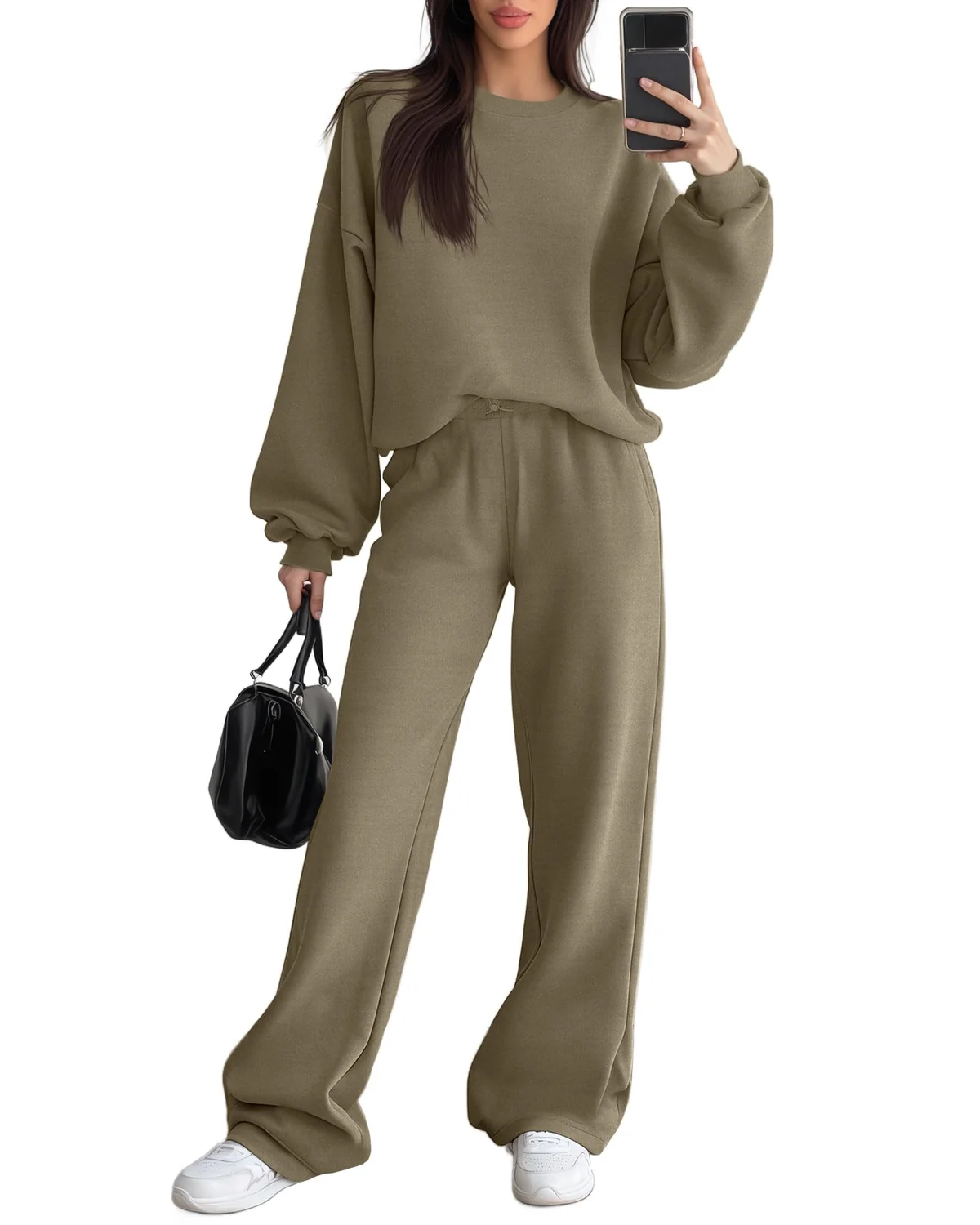 Sweetyweee Women's 2 Piece Outfits Set Fleece Lined Lounge Sweatsuit Crewneck Pullover Top Wide Leg  Review