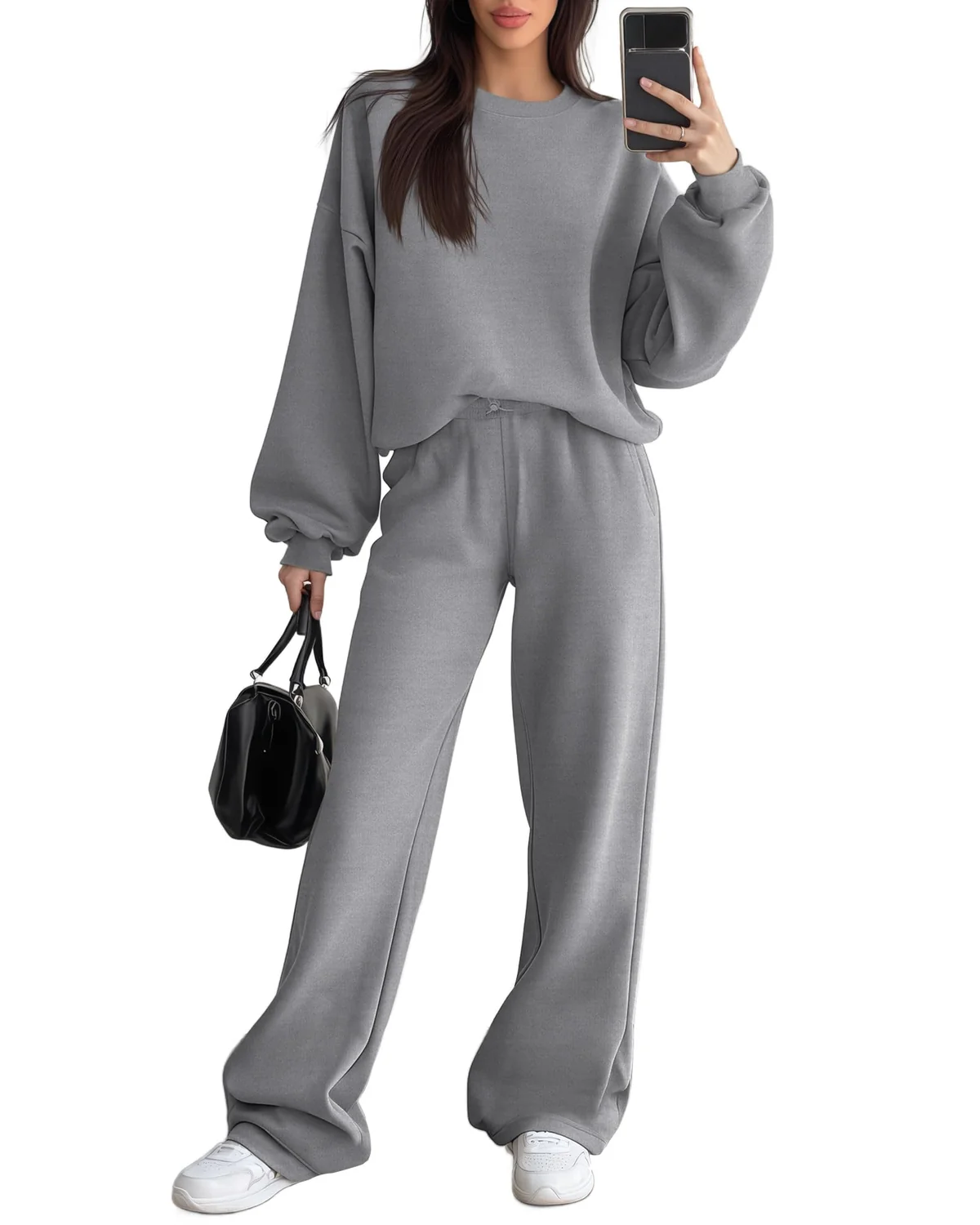 Sweetyweee Women's 2 Piece Outfits Set Fleece Lined Lounge Sweatsuit Crewneck Pullover Top Wide Leg 